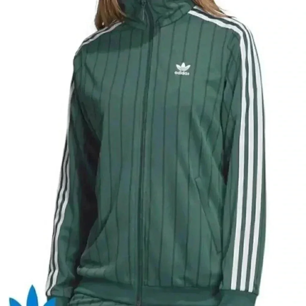 NWT Adidas green and white striped long sleeve front zip casual track top